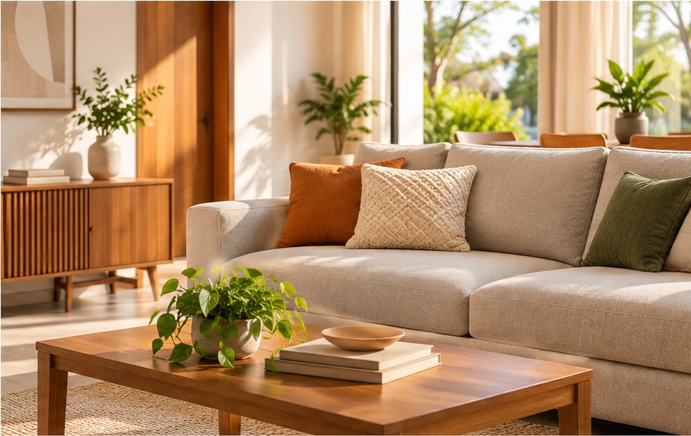 Sofá claro e mesa de madeira em uma sala iluminada, com plantas e decoração acolhedora.