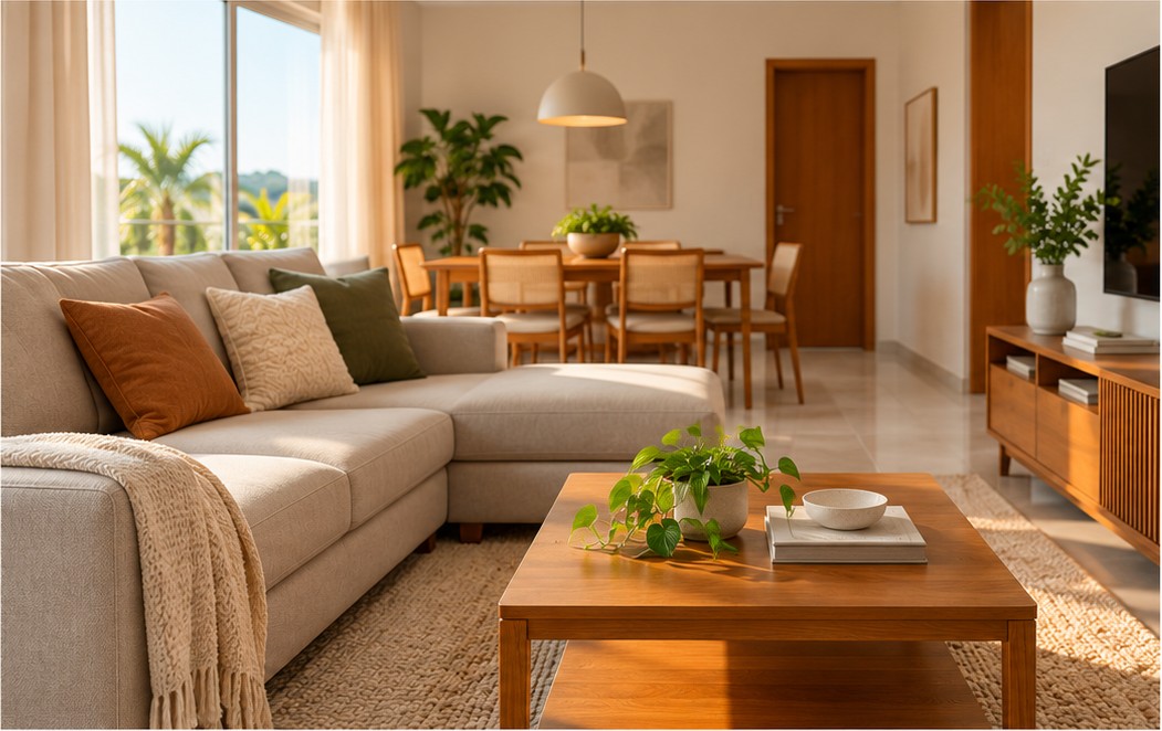 Sala de estar ampla com sofá claro, mesa de centro de madeira e espaço de jantar integrado.